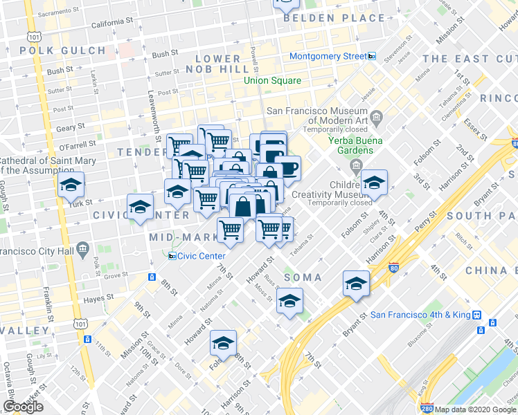 map of restaurants, bars, coffee shops, grocery stores, and more near in San Francisco