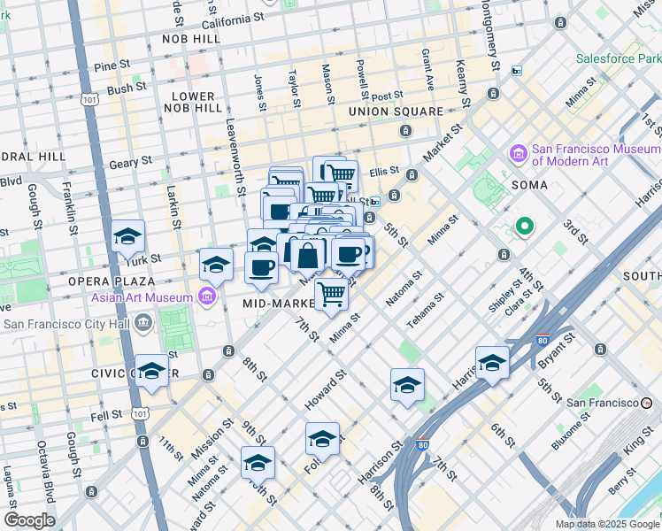 map of restaurants, bars, coffee shops, grocery stores, and more near 6 6th Street in San Francisco
