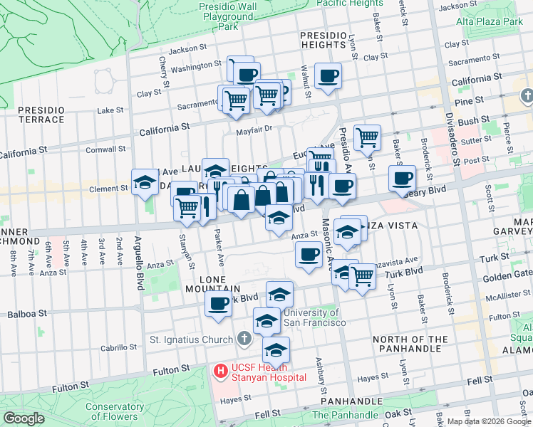 map of restaurants, bars, coffee shops, grocery stores, and more near Geary Blvd & Blake St in San Francisco