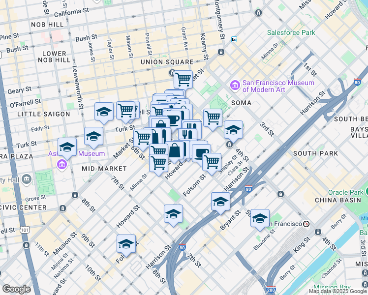 map of restaurants, bars, coffee shops, grocery stores, and more near Natoma St & 5th St in San Francisco