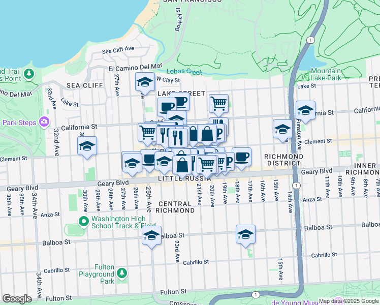 map of restaurants, bars, coffee shops, grocery stores, and more near 2033 Clement Street in San Francisco
