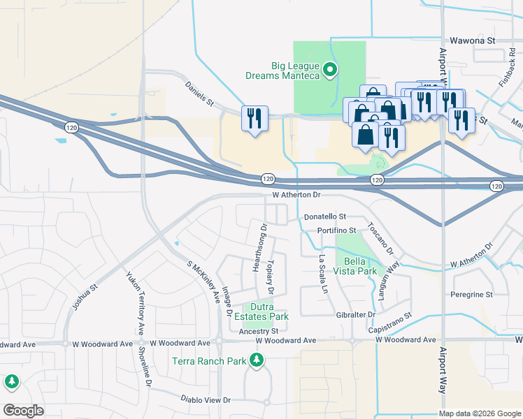 map of restaurants, bars, coffee shops, grocery stores, and more near 1432 Hearthsong Drive in Manteca
