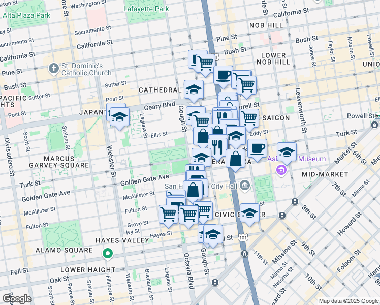 map of restaurants, bars, coffee shops, grocery stores, and more near 930 Gough Street in San Francisco