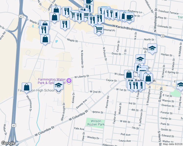 map of restaurants, bars, coffee shops, grocery stores, and more near 715 West Liberty Street in Farmington