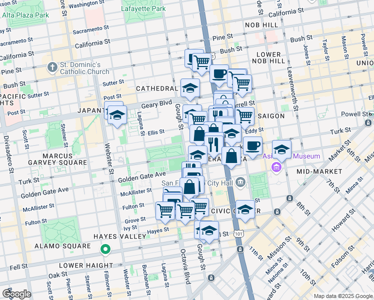 map of restaurants, bars, coffee shops, grocery stores, and more near 930 Gough Street in San Francisco
