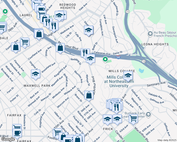map of restaurants, bars, coffee shops, grocery stores, and more near 5021 MacArthur Boulevard in Oakland