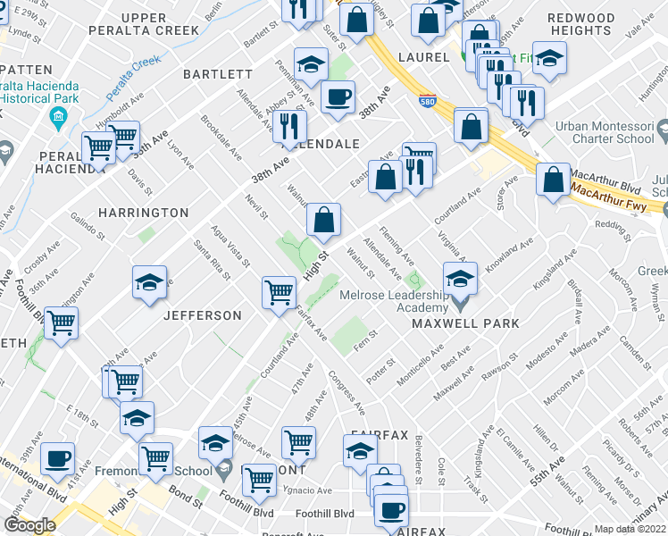 map of restaurants, bars, coffee shops, grocery stores, and more near 4325 Brookdale Avenue in Oakland