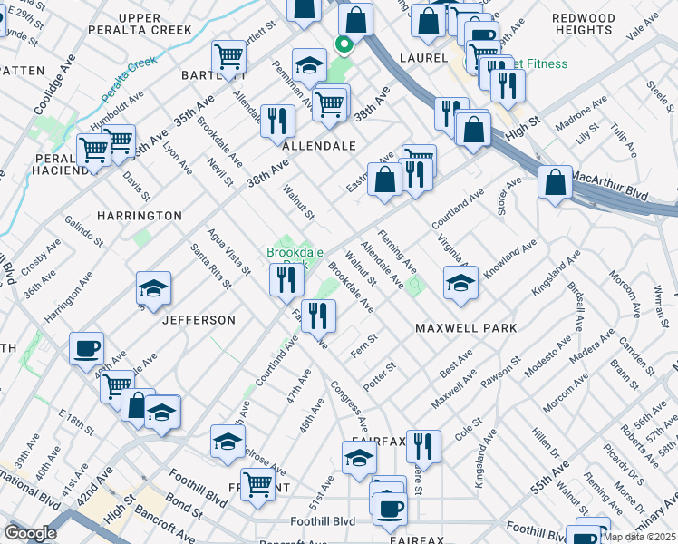 map of restaurants, bars, coffee shops, grocery stores, and more near 4333 Brookdale Avenue in Oakland