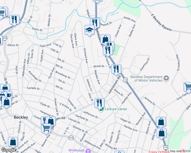 map of restaurants, bars, coffee shops, grocery stores, and more near 124 Mankin Avenue in Beckley