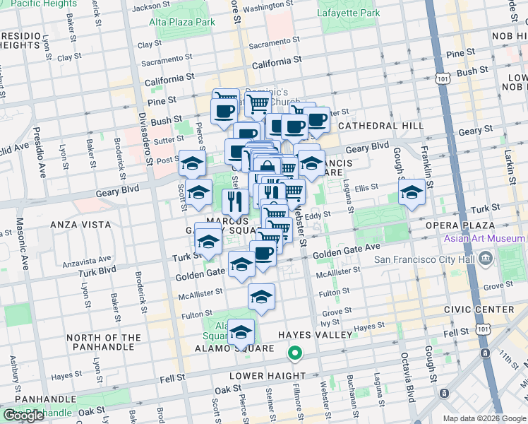 map of restaurants, bars, coffee shops, grocery stores, and more near 1365 Fillmore Street in San Francisco