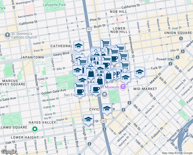 map of restaurants, bars, coffee shops, grocery stores, and more near Van Ness Ave & Turk St in San Francisco