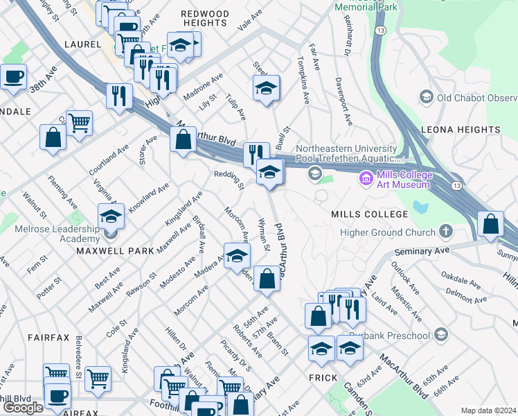 map of restaurants, bars, coffee shops, grocery stores, and more near 2 Wyman Place in Oakland