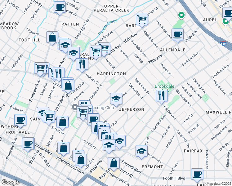 map of restaurants, bars, coffee shops, grocery stores, and more near 2178 38th Avenue in Oakland