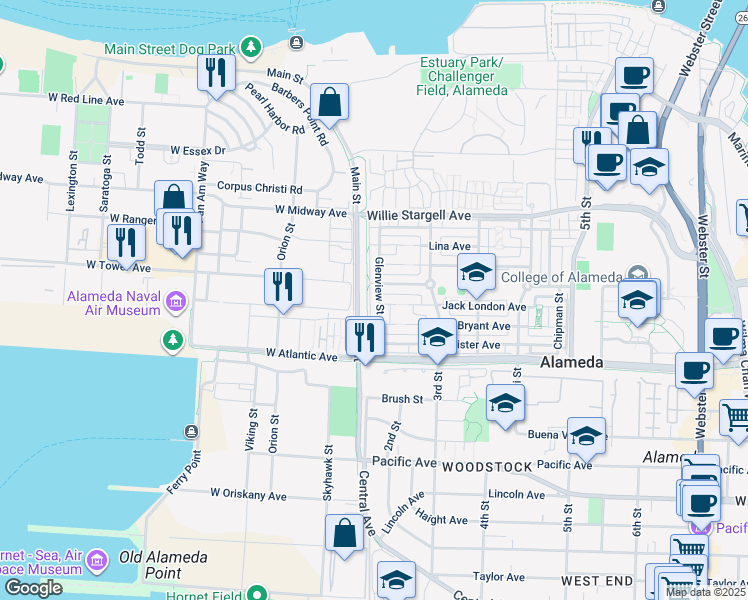 map of restaurants, bars, coffee shops, grocery stores, and more near 2227 Glenview Street in Alameda