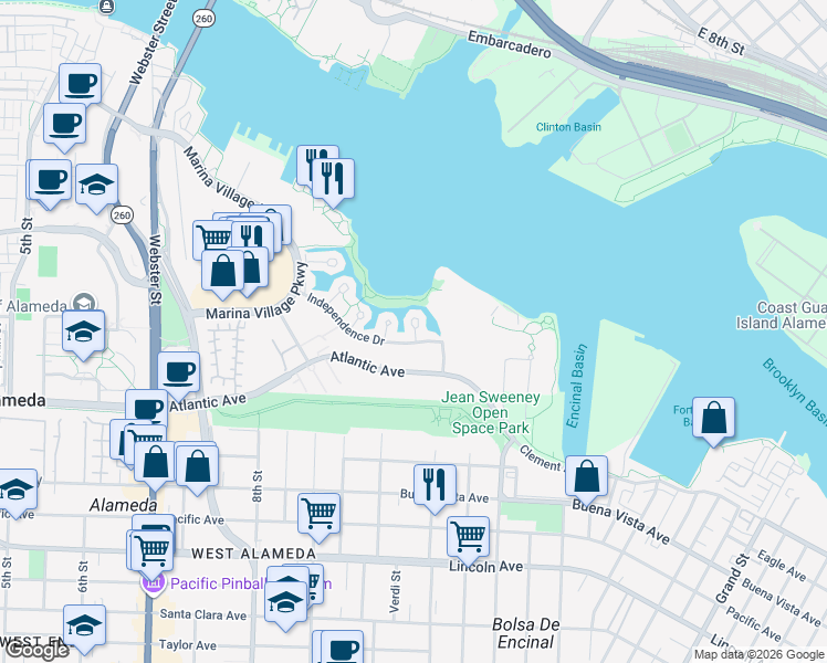 map of restaurants, bars, coffee shops, grocery stores, and more near 7 Redondo Court in Alameda