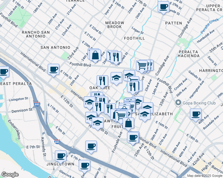 map of restaurants, bars, coffee shops, grocery stores, and more near 1642 28th Avenue in Oakland