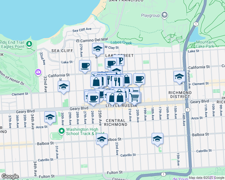 map of restaurants, bars, coffee shops, grocery stores, and more near 2147 Clement Street in San Francisco
