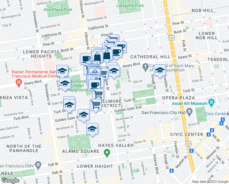 map of restaurants, bars, coffee shops, grocery stores, and more near 1332 Eddy Street in San Francisco