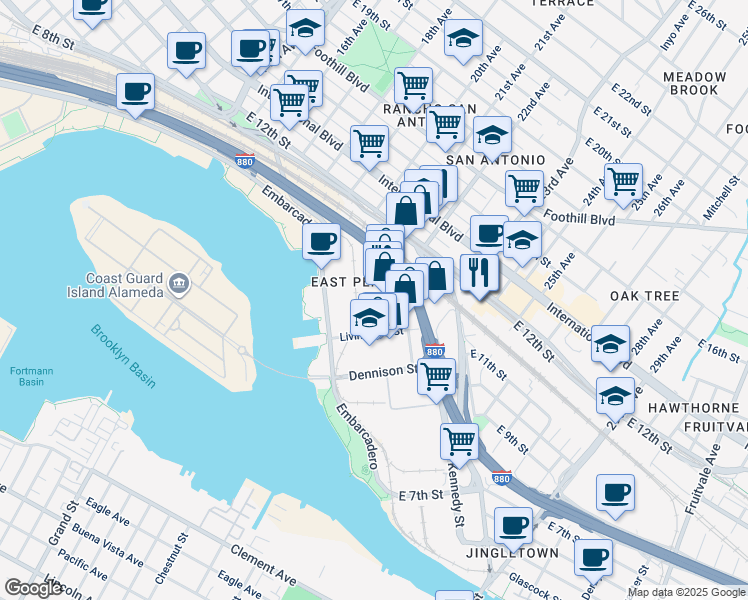 map of restaurants, bars, coffee shops, grocery stores, and more near 1017 22nd Avenue in Oakland