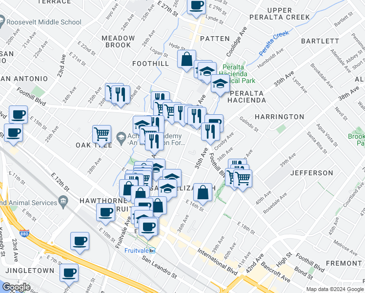 map of restaurants, bars, coffee shops, grocery stores, and more near 1831 34th Avenue in Oakland
