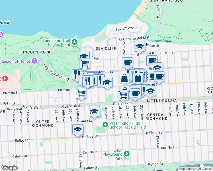 map of restaurants, bars, coffee shops, grocery stores, and more near 390 30th Avenue in San Francisco