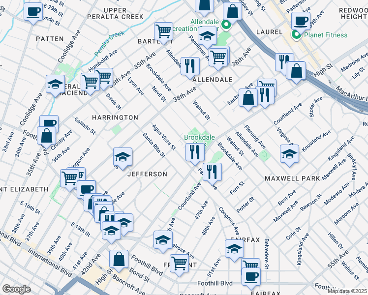 map of restaurants, bars, coffee shops, grocery stores, and more near 4085 Lyon Avenue in Oakland