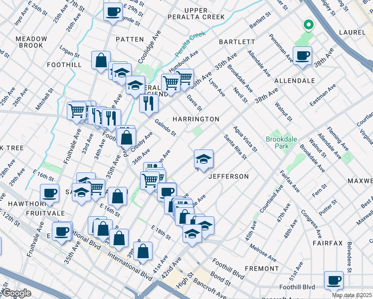 map of restaurants, bars, coffee shops, grocery stores, and more near 3701 Carrington Street in Oakland