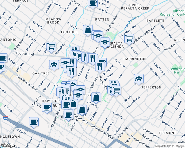 map of restaurants, bars, coffee shops, grocery stores, and more near 3431 Foothill Boulevard in Oakland