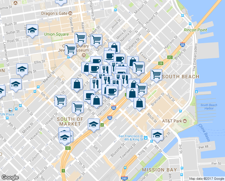 map of restaurants, bars, coffee shops, grocery stores, and more near 5490 Bonifacio Street in San Francisco