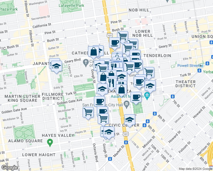 map of restaurants, bars, coffee shops, grocery stores, and more near 807 Franklin Street in San Francisco