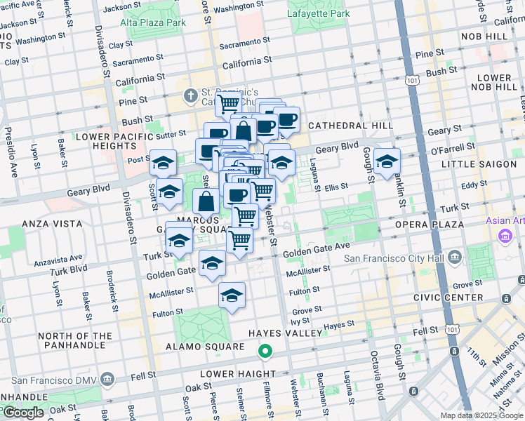 map of restaurants, bars, coffee shops, grocery stores, and more near 1205 Webster Street in San Francisco