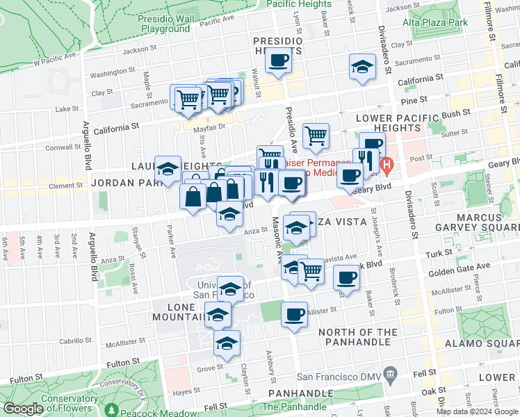 map of restaurants, bars, coffee shops, grocery stores, and more near 19 Masonic Avenue in San Francisco
