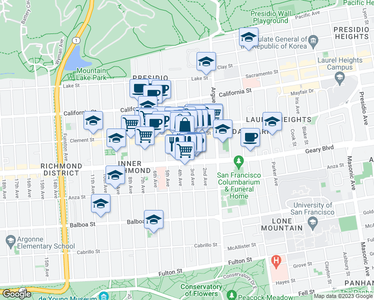 map of restaurants, bars, coffee shops, grocery stores, and more near 361 3rd Avenue in San Francisco