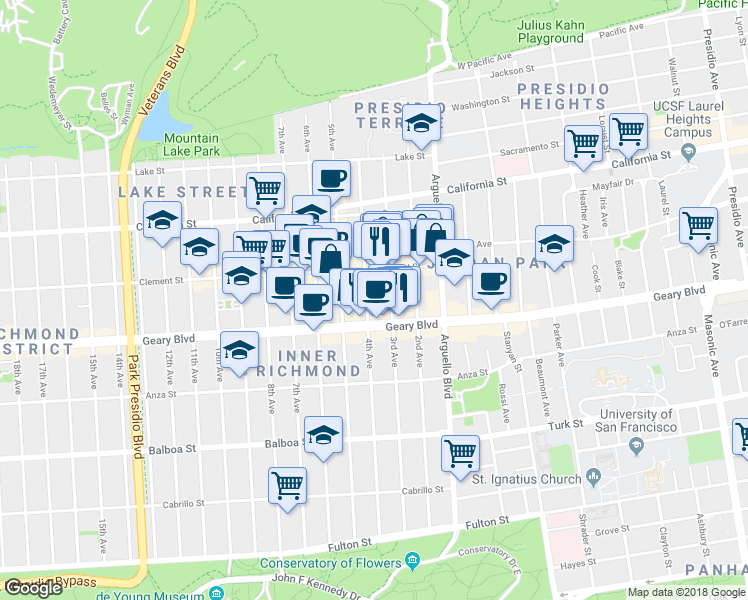 map of restaurants, bars, coffee shops, grocery stores, and more near 361 3rd Avenue in San Francisco