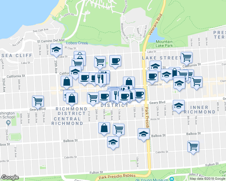 map of restaurants, bars, coffee shops, grocery stores, and more near 319 17th Avenue in San Francisco