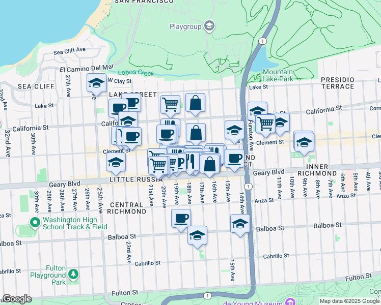 map of restaurants, bars, coffee shops, grocery stores, and more near 319 17th Avenue in San Francisco