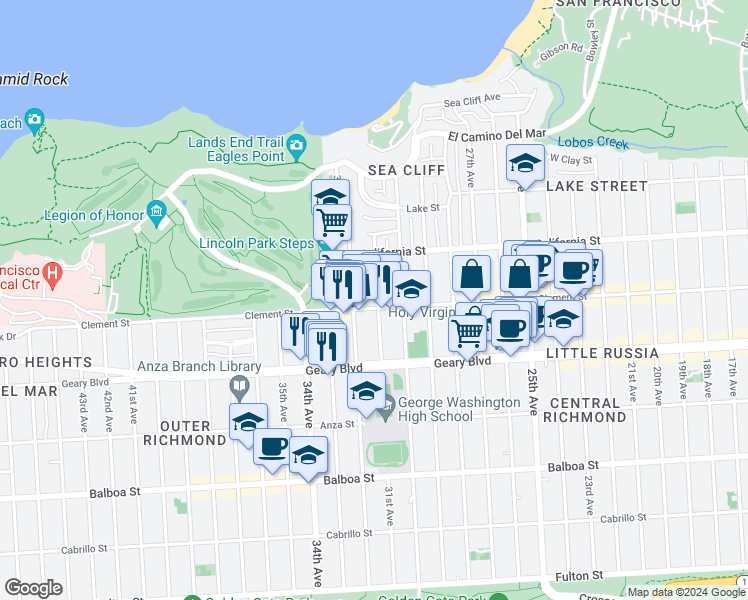 map of restaurants, bars, coffee shops, grocery stores, and more near 395 31st Avenue in San Francisco