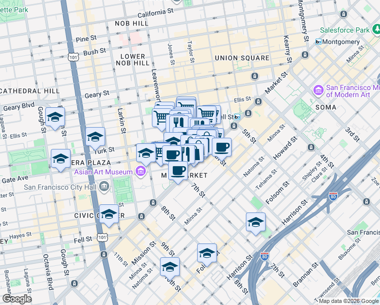 map of restaurants, bars, coffee shops, grocery stores, and more near 90 Jones Street in San Francisco