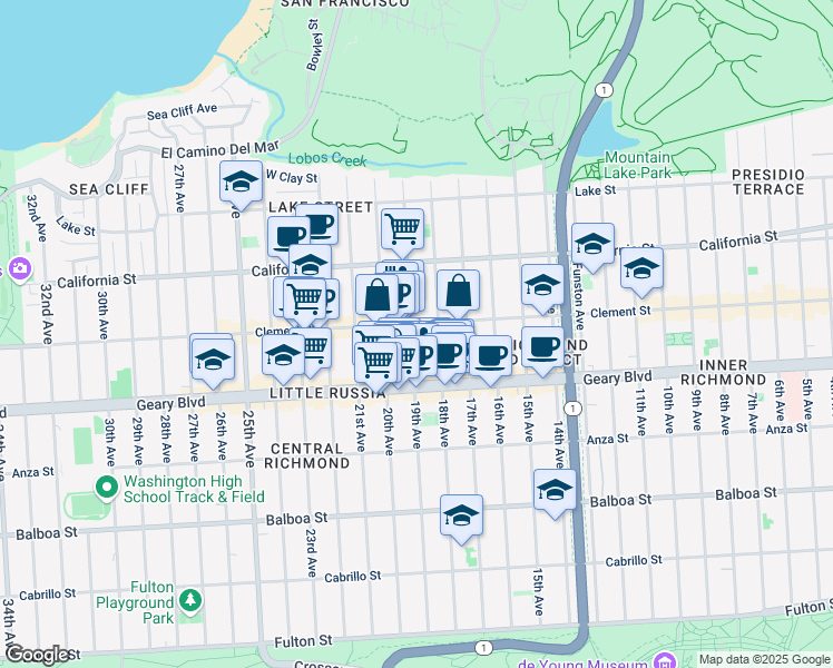 map of restaurants, bars, coffee shops, grocery stores, and more near 312 19th Avenue in San Francisco