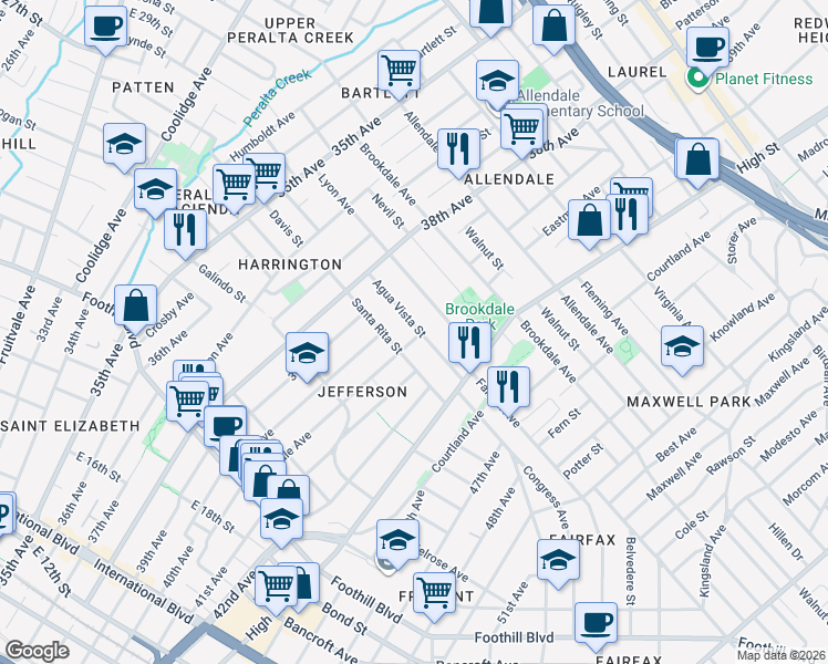 map of restaurants, bars, coffee shops, grocery stores, and more near 4033 Agua Vista Street in Oakland