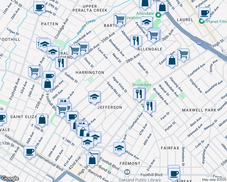 map of restaurants, bars, coffee shops, grocery stores, and more near 3935 Santa Rita Street in Oakland