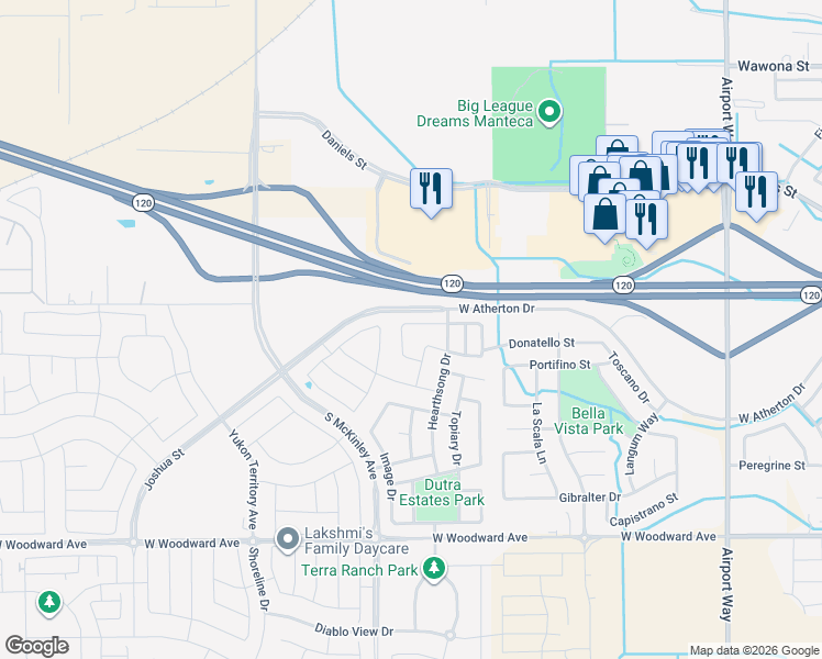 map of restaurants, bars, coffee shops, grocery stores, and more near 2782 Silhouettes Street in Manteca