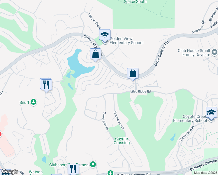 map of restaurants, bars, coffee shops, grocery stores, and more near 313 West Shoreview Drive in San Ramon