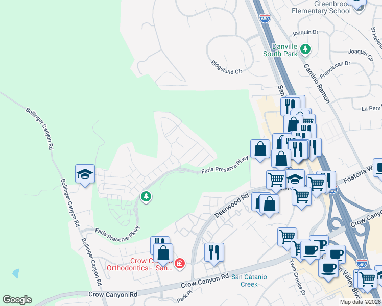 map of restaurants, bars, coffee shops, grocery stores, and more near 221 Via Encanto in San Ramon