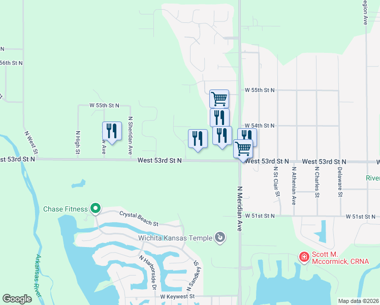 map of restaurants, bars, coffee shops, grocery stores, and more near 2894-3198 West 53rd Street North in Wichita