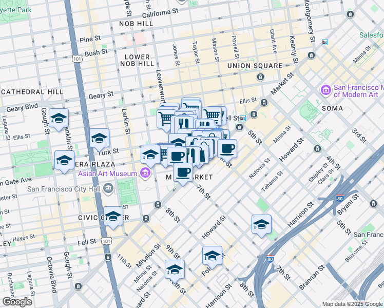 map of restaurants, bars, coffee shops, grocery stores, and more near 90 Jones Street in San Francisco