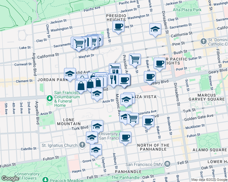 map of restaurants, bars, coffee shops, grocery stores, and more near 19 Masonic Avenue in San Francisco