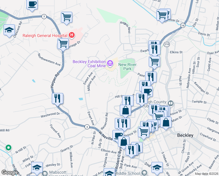 map of restaurants, bars, coffee shops, grocery stores, and more near 311 Reservoir Rd in Beckley