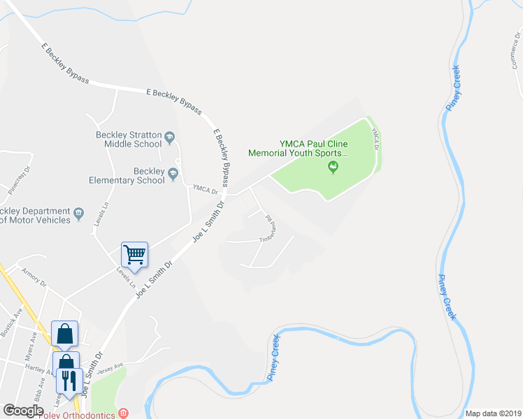 map of restaurants, bars, coffee shops, grocery stores, and more near 100 Timberland Road in Beckley