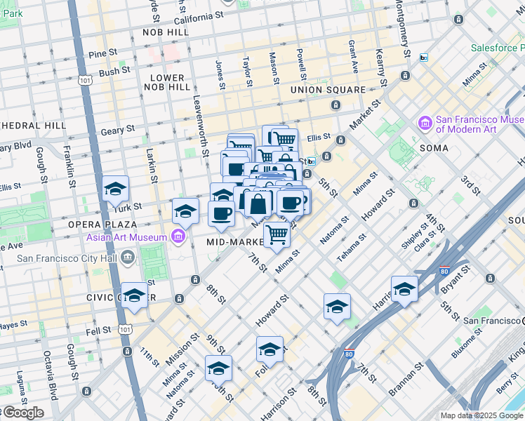 map of restaurants, bars, coffee shops, grocery stores, and more near 1005 Market Street in San Francisco